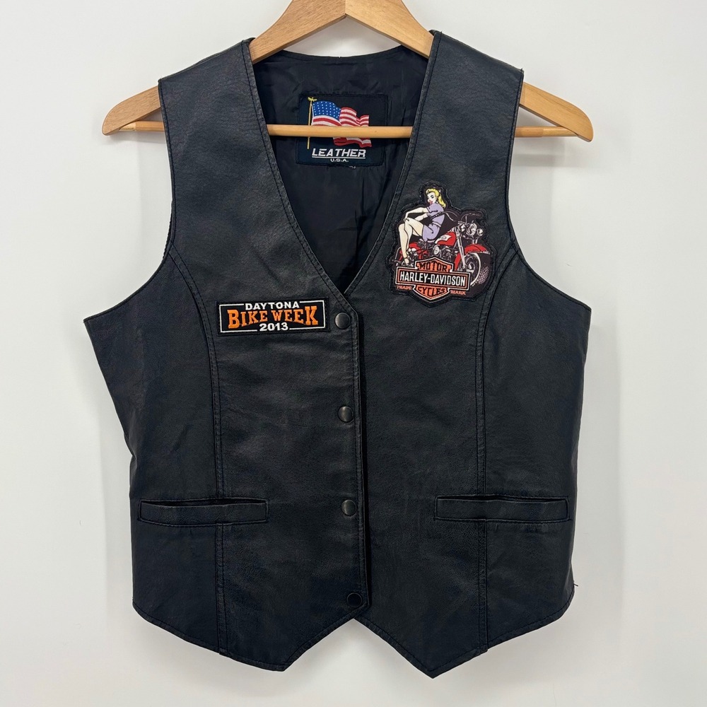 Medium leather vest biker chick motorcycle Harley patches bike week